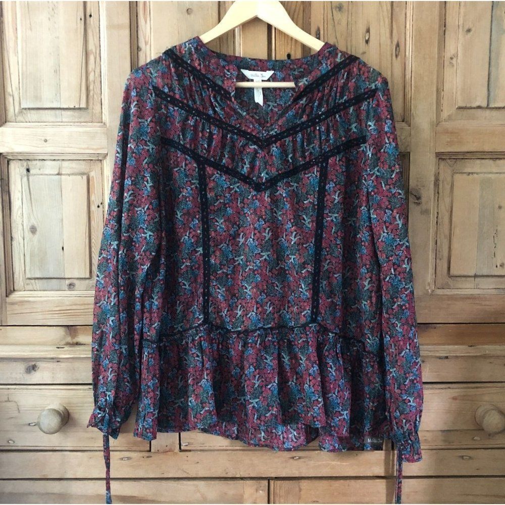 Matilda Jane Women's Large Sheer Peasant Blouse Floral Crochet Bohemian Western